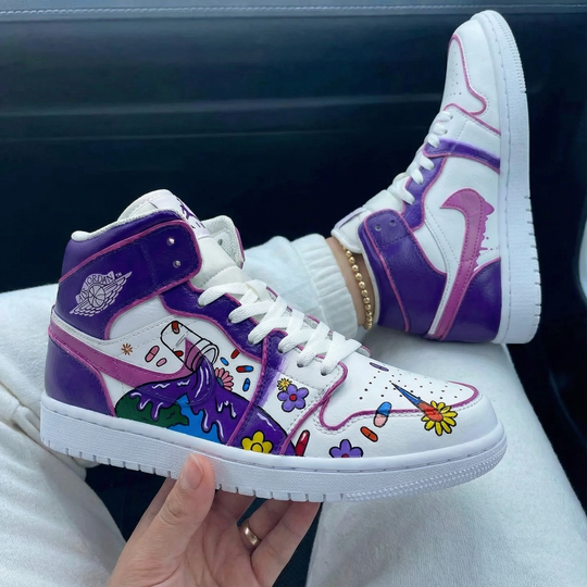 Custom Air Jordan 1 White Purple Floral Pattern