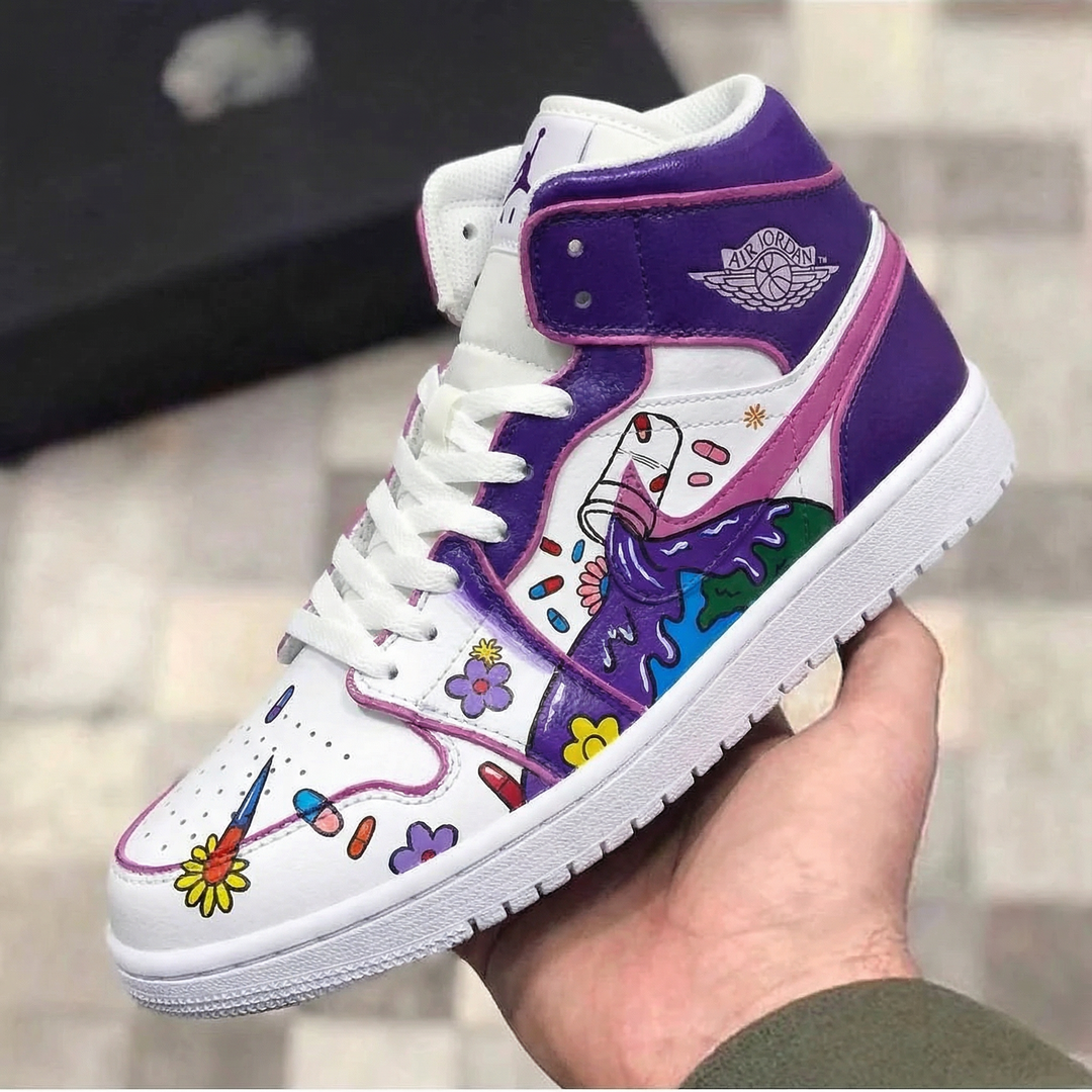 Custom Air Jordan 1 White Purple Floral Pattern