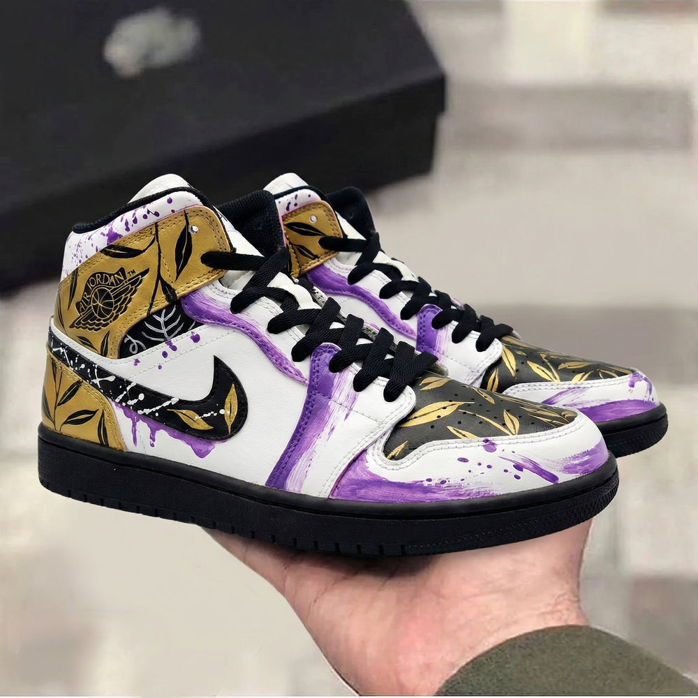 Custom Air Jordan 1 White Purple Gold Leaf Pattern