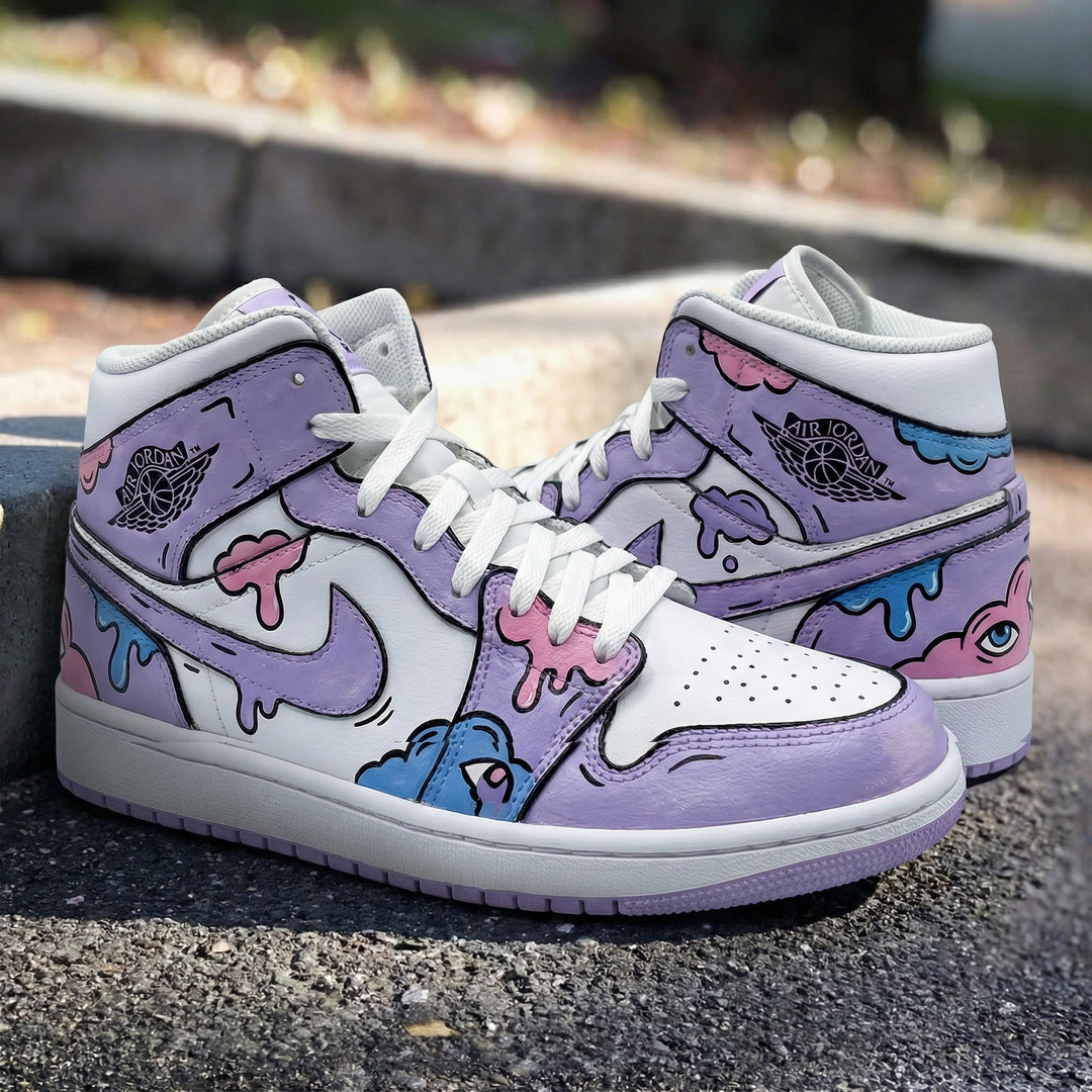 Custom Air Jordan 1 White Purple Pink Cartoon Pattern