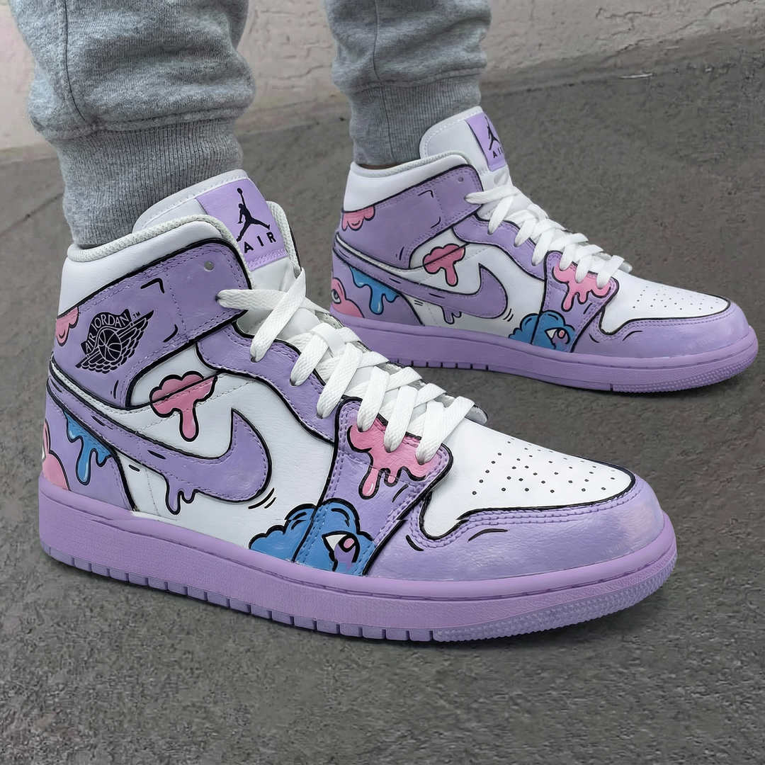 Custom Air Jordan 1 White Purple Pink Cartoon Pattern