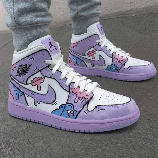 Custom Air Jordan 1 White Purple Pink Cartoon Pattern