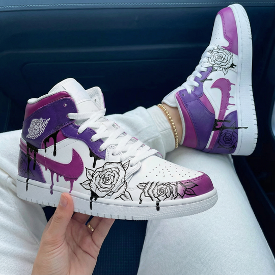 Custom Air Jordan 1 White Purple Rose Design