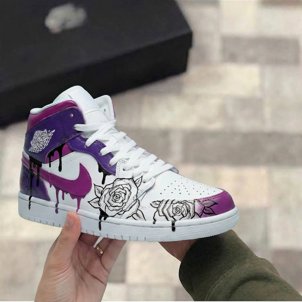 Custom Air Jordan 1 White Purple Rose Design