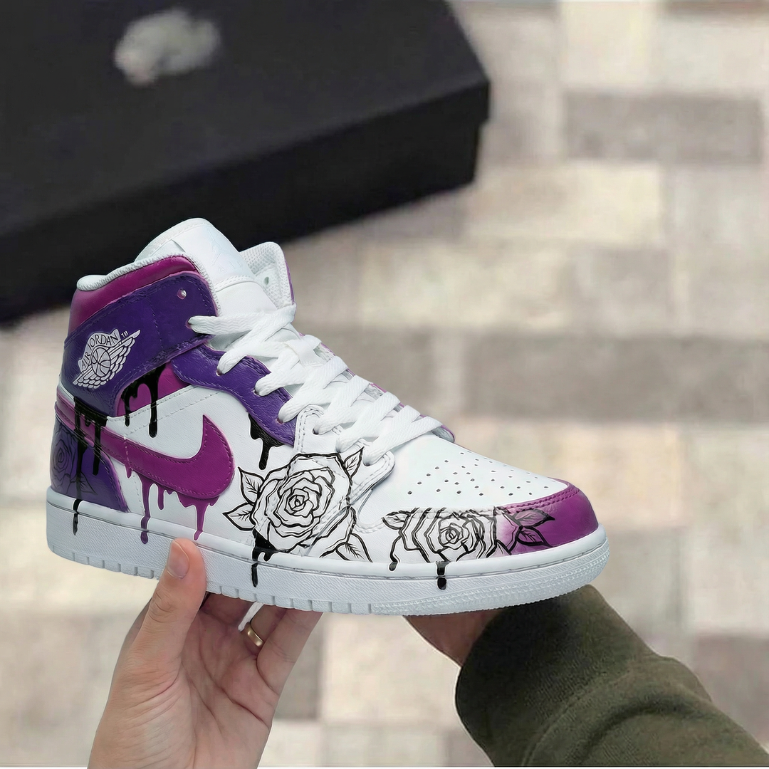 Custom Air Jordan 1 White Purple Rose Design