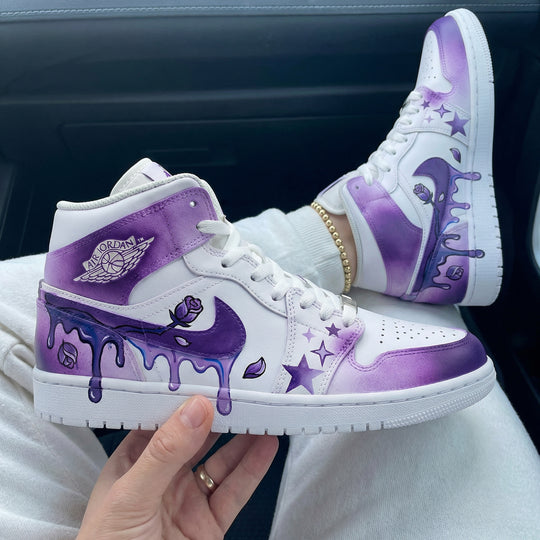 Custom Air Jordan 1 White Purple Rose Star Drip Design