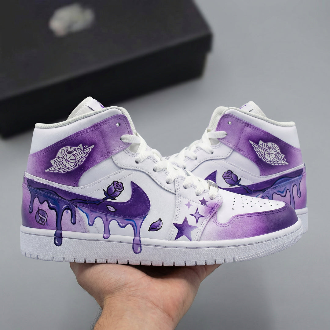 Custom Air Jordan 1 White Purple Rose Star Drip Design
