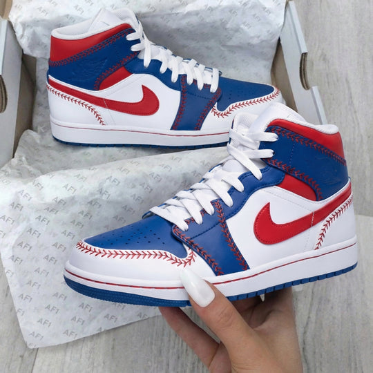 Custom Air Jordan 1 White Red Blue Baseball Stitch Design