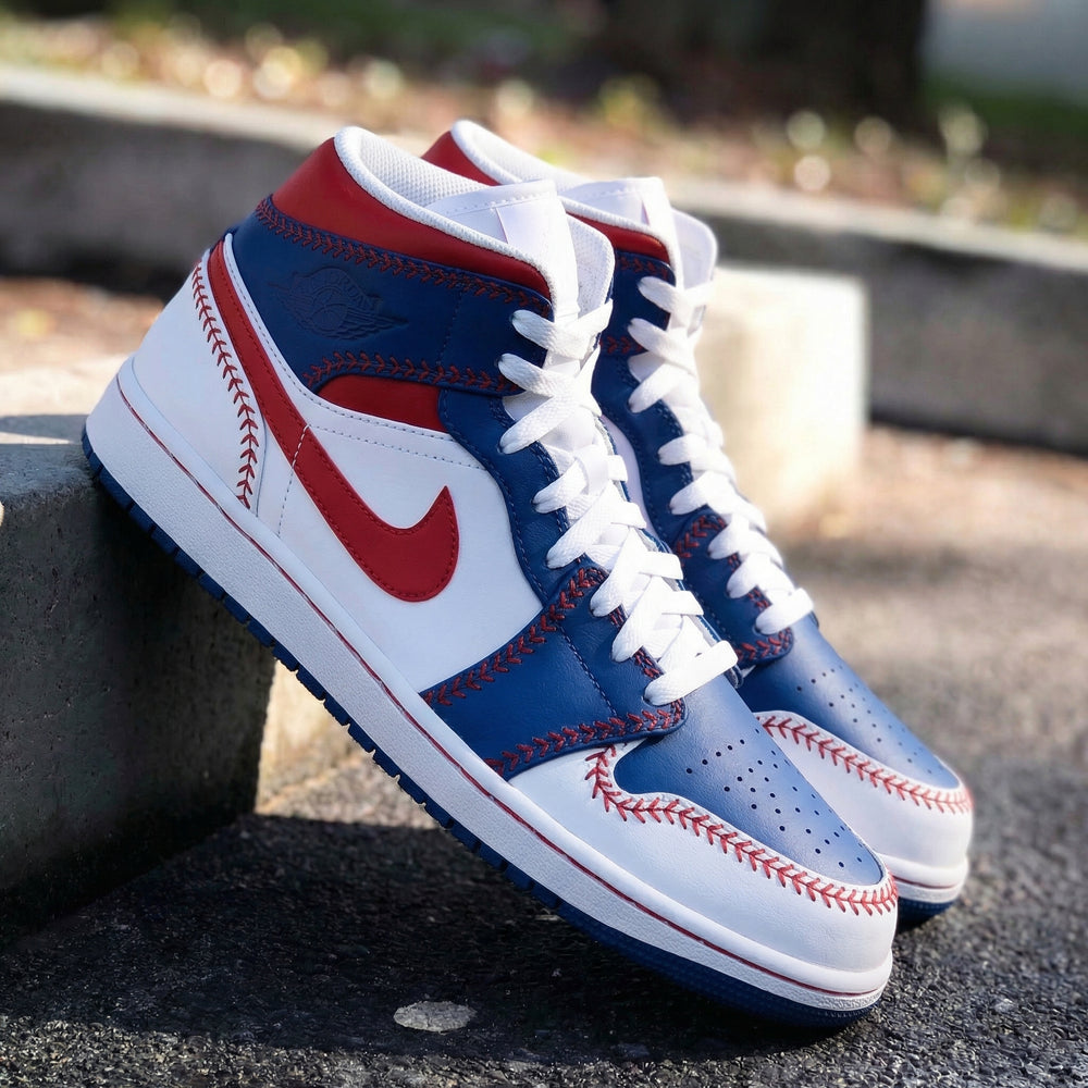 Custom Air Jordan 1 White Red Blue Baseball Stitch Design