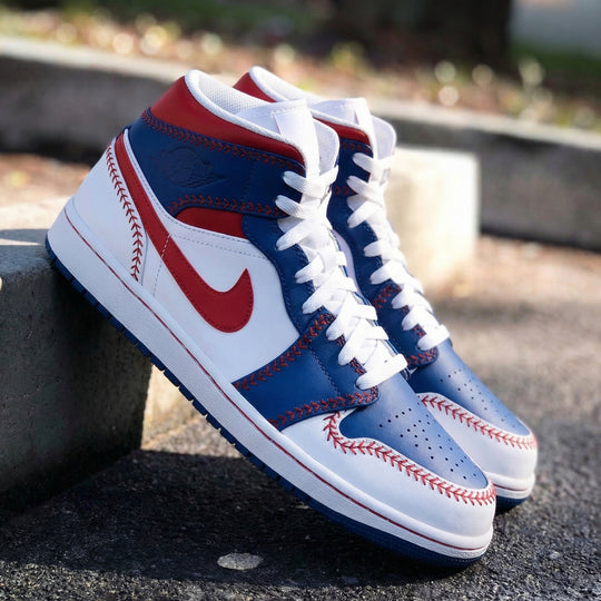 Custom Air Jordan 1 White Red Blue Baseball Stitch Design