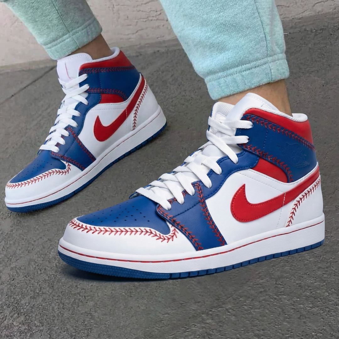 Custom Air Jordan 1 White Red Blue Baseball Stitch Design