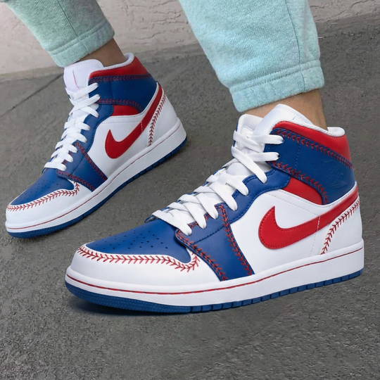 Custom Air Jordan 1 White Red Blue Baseball Stitch Design