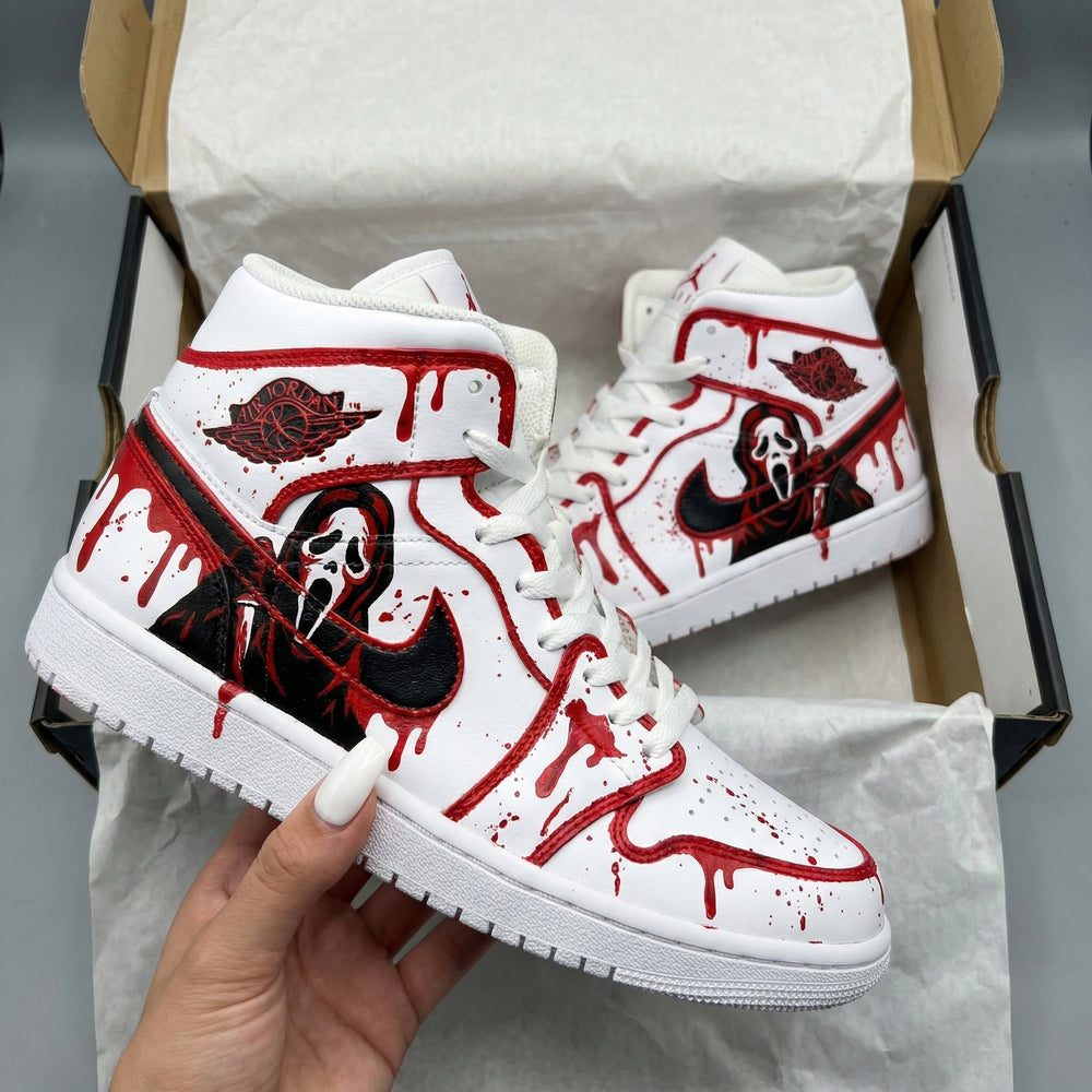 Custom Air Jordan 1 White Red Ghostface Pattern
