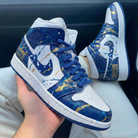 Custom Air Jordan 1 White Royal Blue Gold Splatter Design
