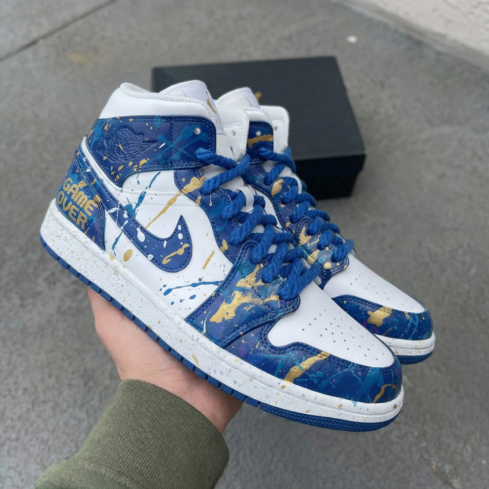 Custom Air Jordan 1 White Royal Blue Gold Splatter Design