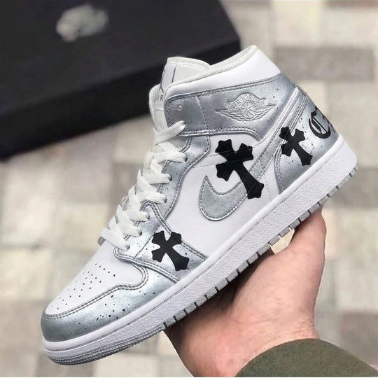 Custom Air Jordan 1 White Silver Black Crosses