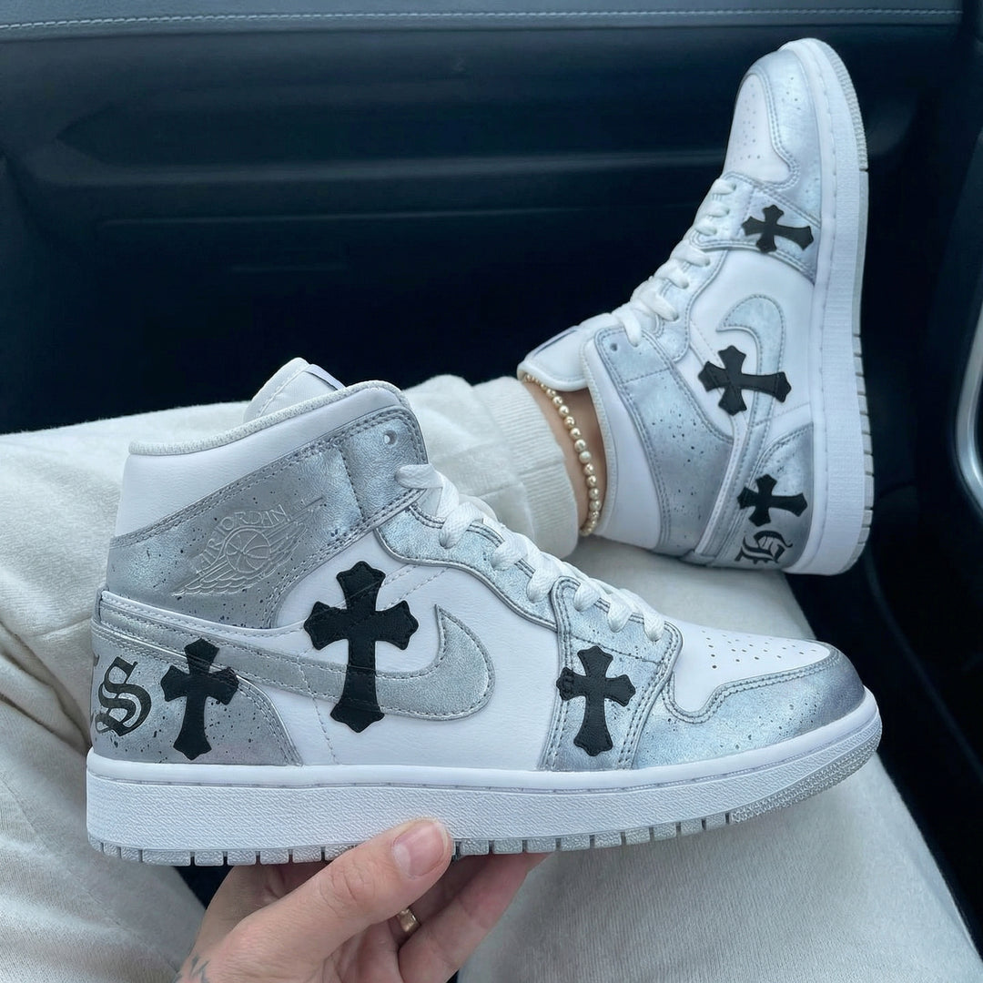 Custom Air Jordan 1 White Silver Black Crosses