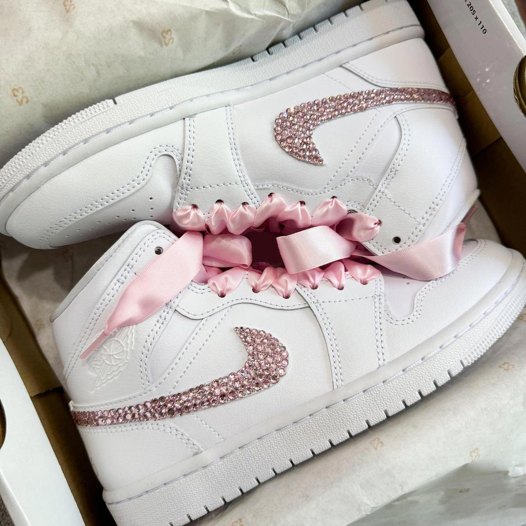Custom Air Jordan 1 White With Baby Pink Rhinestones And Ribbons 