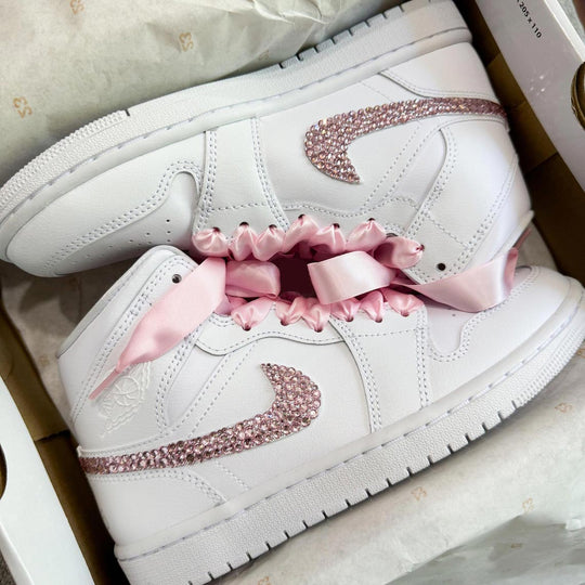 Custom Air Jordan 1 White With Baby Pink Rhinestones And Ribbons 