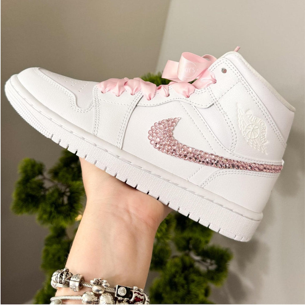 Custom Air Jordan 1 White With Baby Pink Rhinestones And Ribbons 