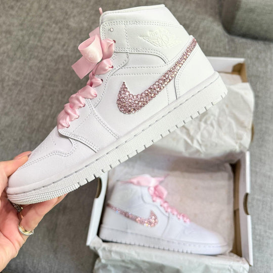 Custom Air Jordan 1 White With Baby Pink Rhinestones And Ribbons 