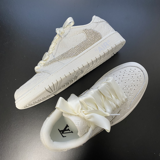 Custom Air Jordan 1 White With LV Pattern And Rhinestones