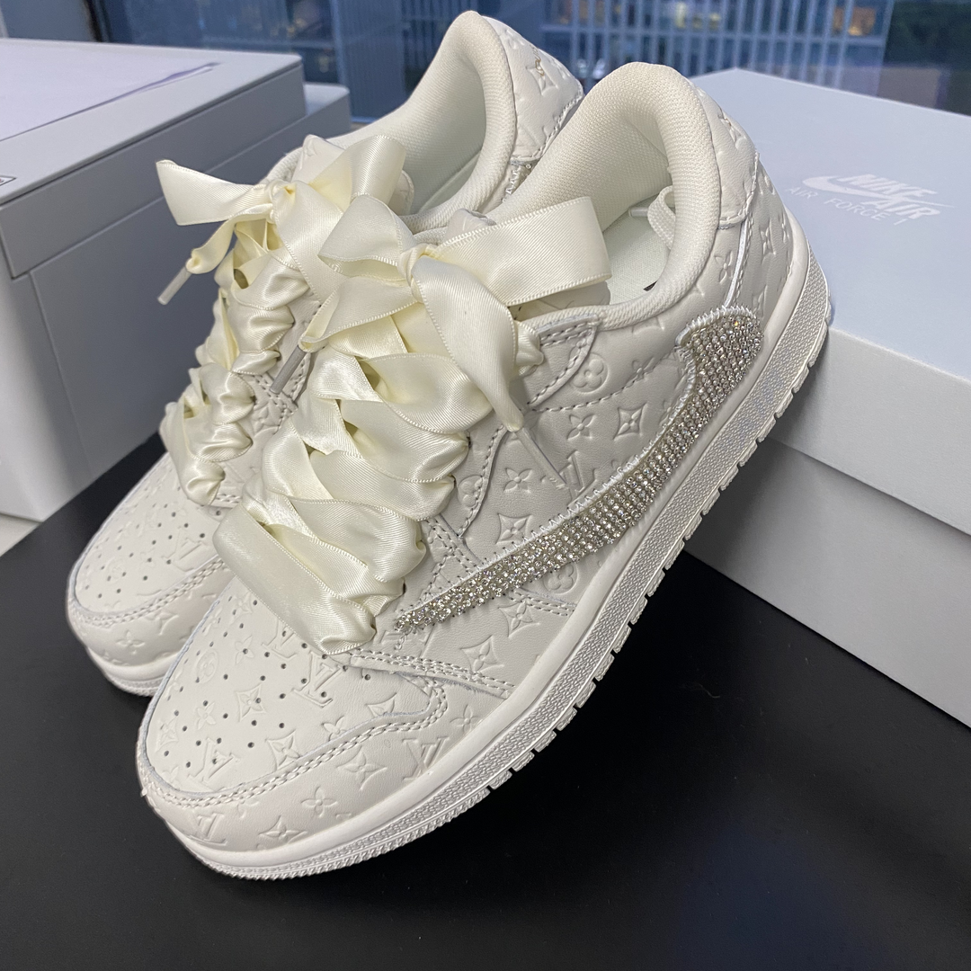 Custom Air Jordan 1 White With LV Pattern And Rhinestones