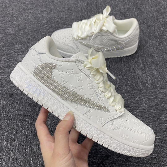 Custom Air Jordan 1 White With LV Pattern And Rhinestones