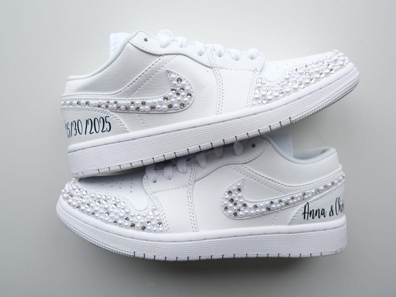 Custom Air Jordan 1 White With Rhinestones And Pearls 