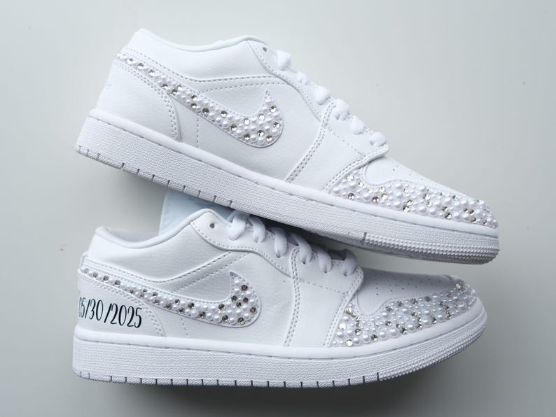 Custom Air Jordan 1 White With Rhinestones And Pearls 