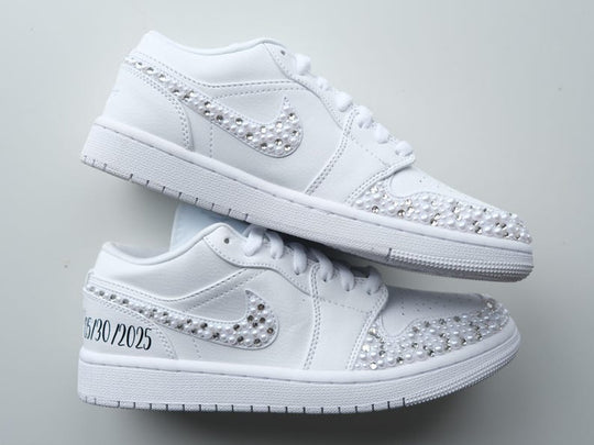 Custom Air Jordan 1 White With Rhinestones And Pearls 