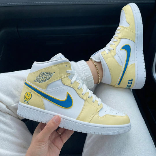 Custom Air Jordan 1 Yellow Blue Smiley Face UDEL
