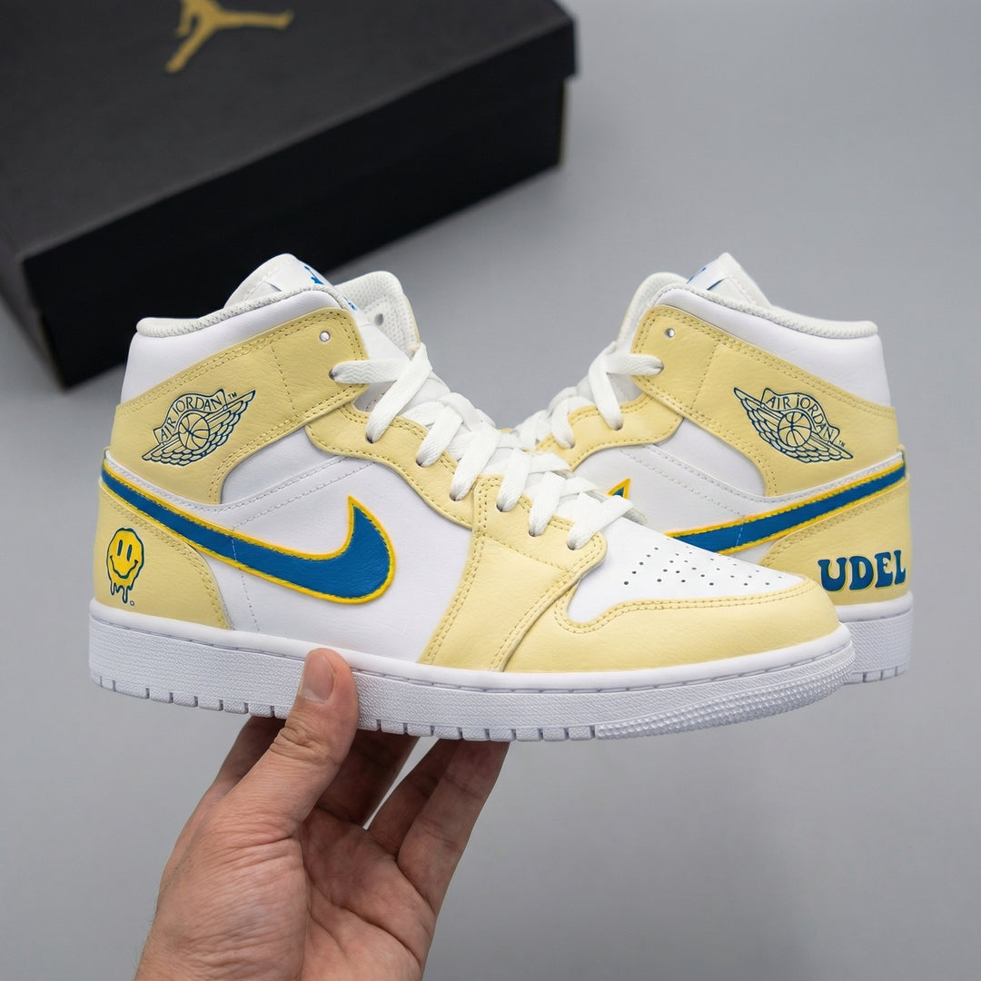 Custom Air Jordan 1 Yellow Blue Smiley Face UDEL