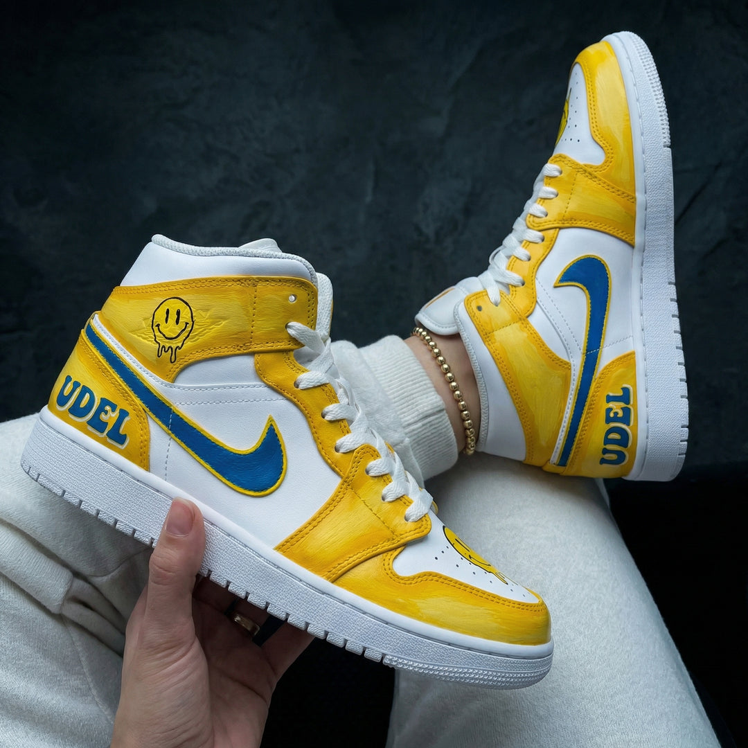 Custom Air Jordan 1 Yellow Blue Smiley Faces UDEL