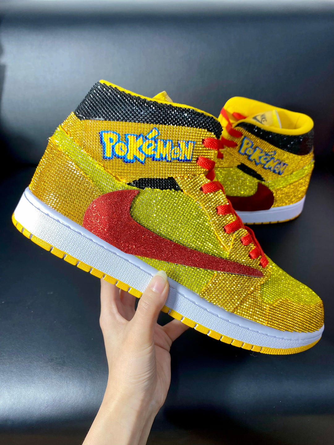Custom Air Jordan 1 Yellow with Pokemon Embroidery and Glitter Swoosh 