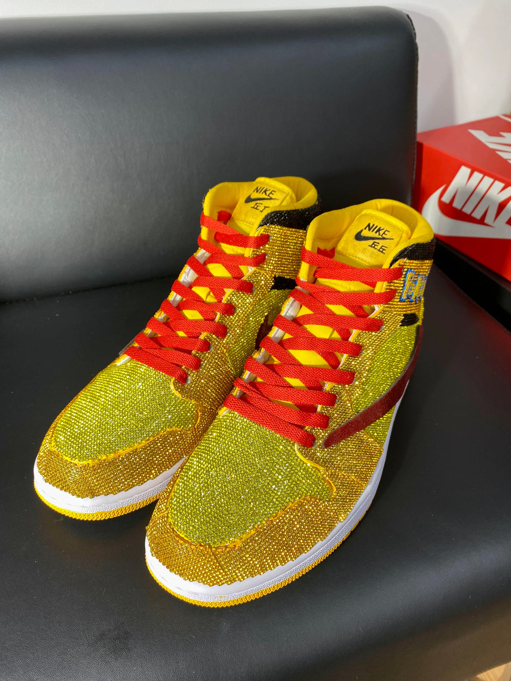Custom Air Jordan 1 Yellow with Pokemon Embroidery and Glitter Swoosh 