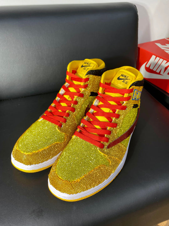 Custom Air Jordan 1 Yellow with Pokemon Embroidery and Glitter Swoosh 