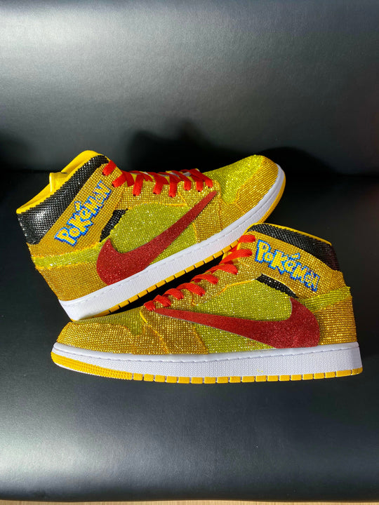Custom Air Jordan 1 Yellow with Pokemon Embroidery and Glitter Swoosh 