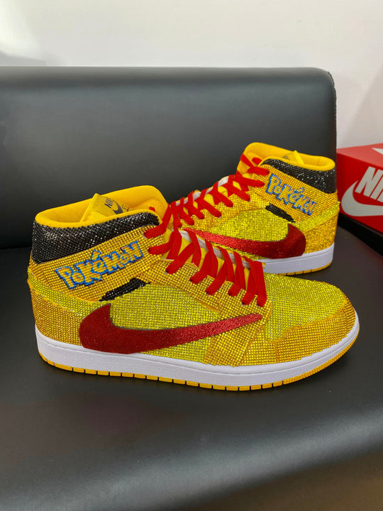 Custom Air Jordan 1 Yellow with Pokemon Embroidery and Glitter Swoosh 