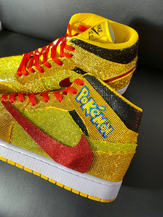 Custom Air Jordan 1 Yellow with Pokemon Embroidery and Glitter Swoosh 