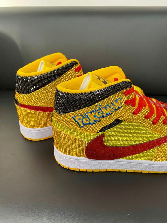 Custom Air Jordan 1 Yellow with Pokemon Embroidery and Glitter Swoosh 