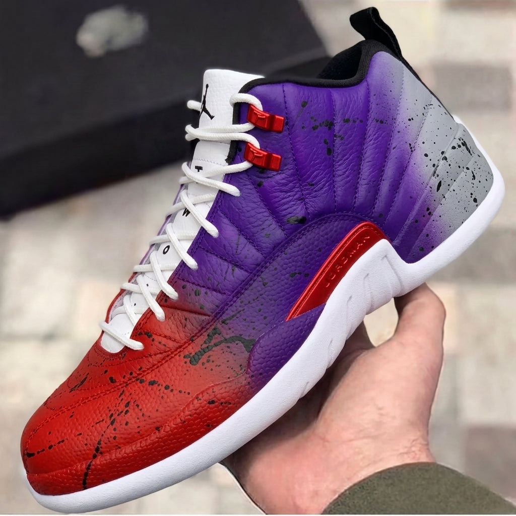 Custom Air Jordan 12 Raptors Fade Red Purple Splatter Gradient