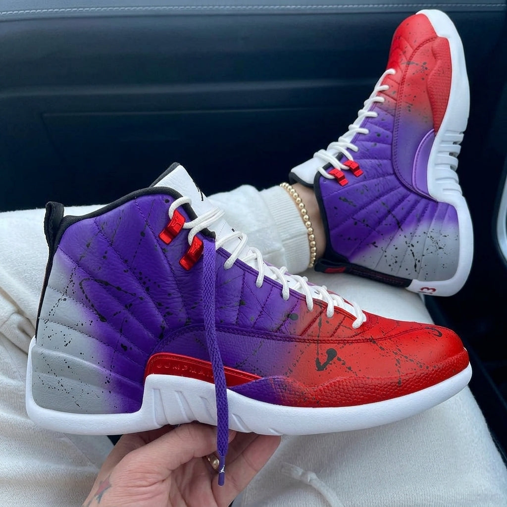 Custom Air Jordan 12 Raptors Fade Red Purple Splatter Gradient
