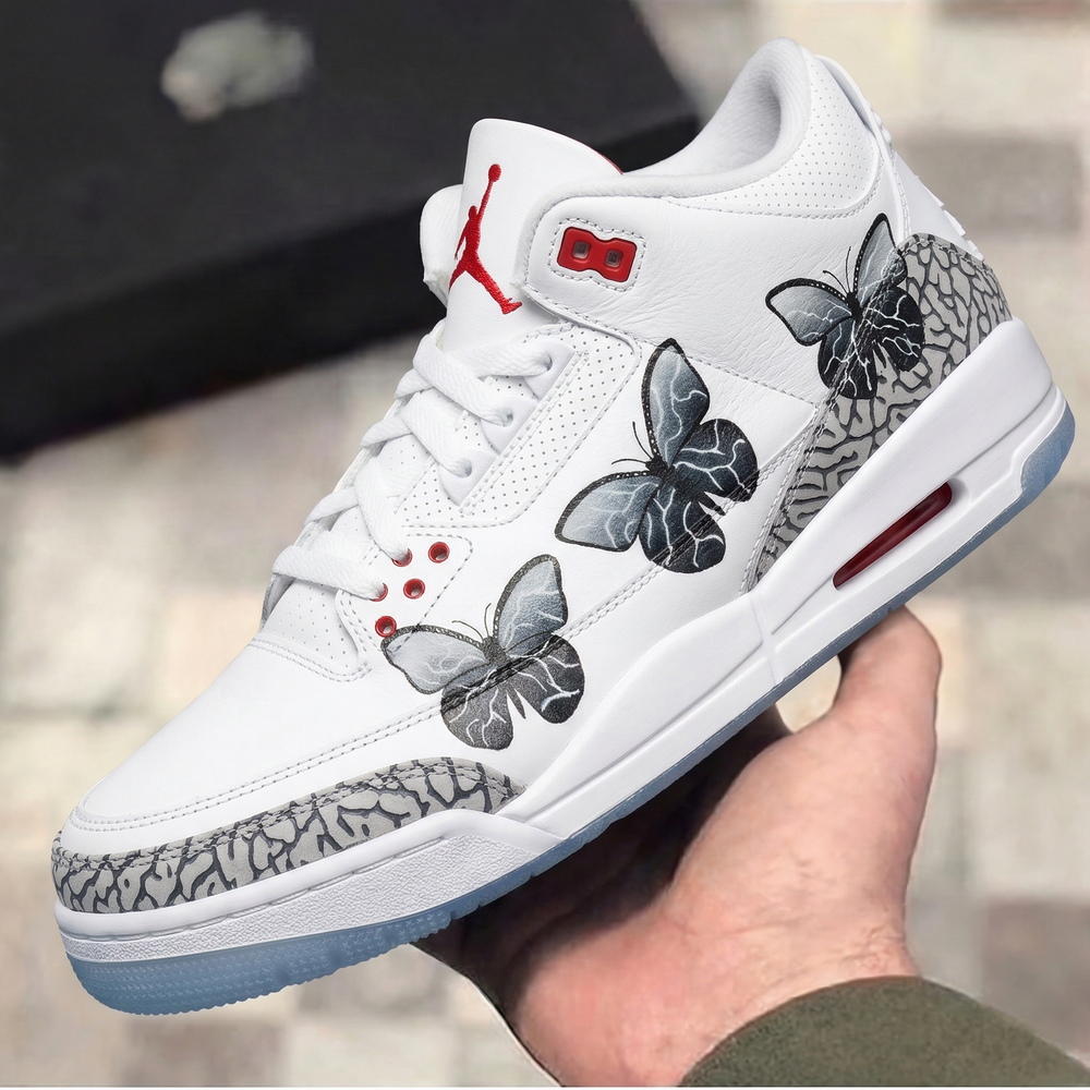 Custom Air Jordan 3 Cement Grey Red Butterflies