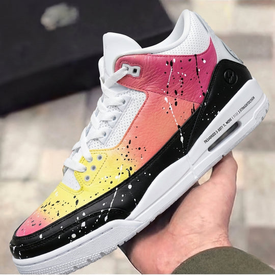 Custom Air Jordan 3 Pink Orange Yellow Gradient Black Splatter
