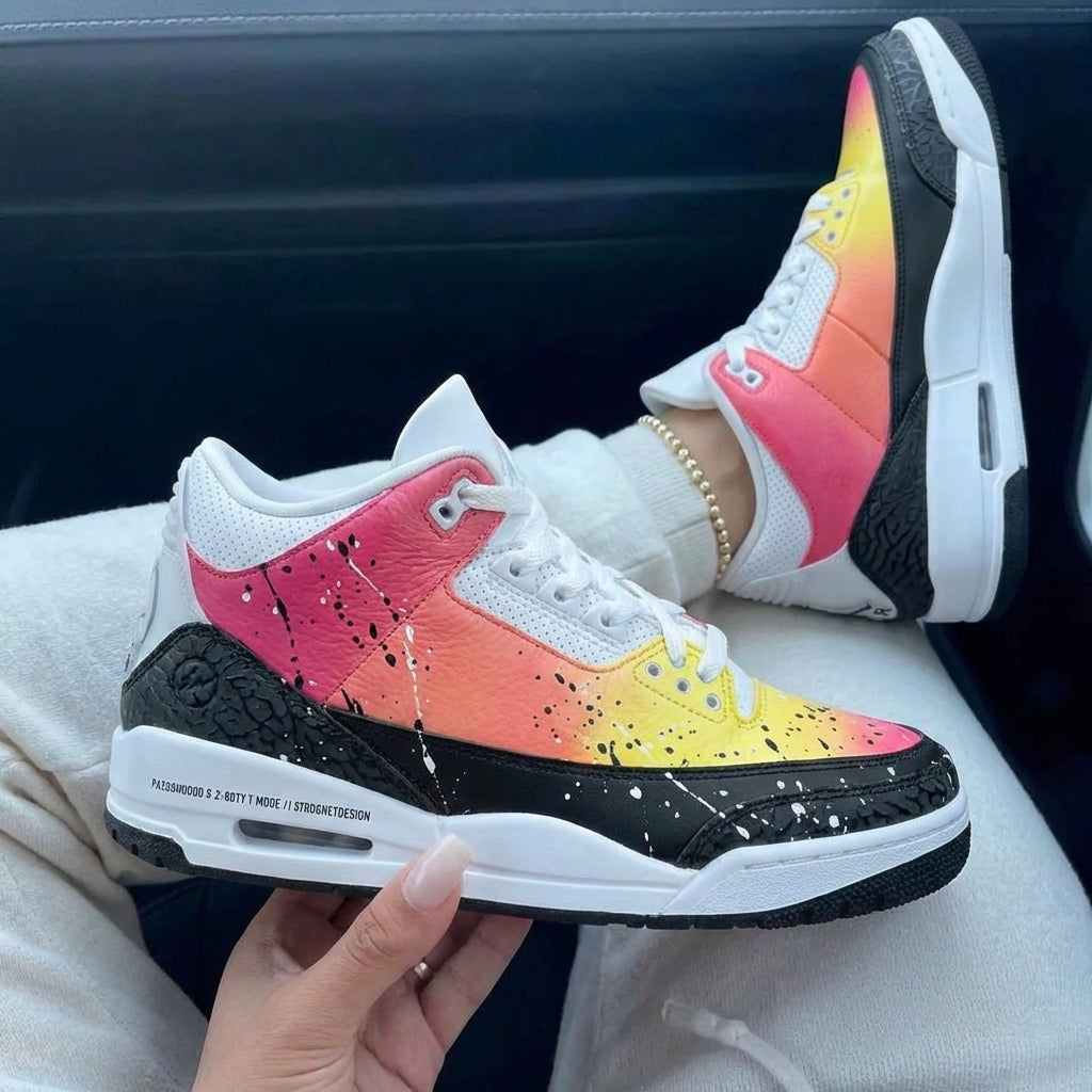 Custom Air Jordan 3 Pink Orange Yellow Gradient Black Splatter