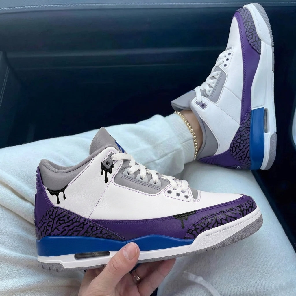 Custom Air Jordan 3 Purple Blue Drip Cracked Pattern