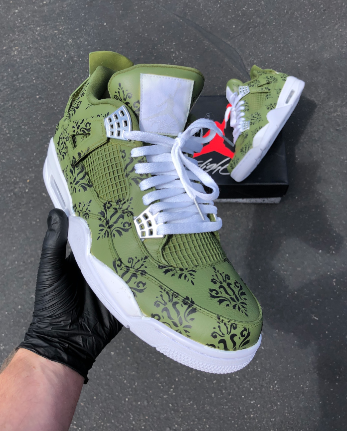 Custom Air Jordan 4 Olive Green With Black Floral Patterns 