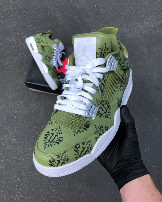 Custom Air Jordan 4 Olive Green With Black Floral Patterns 