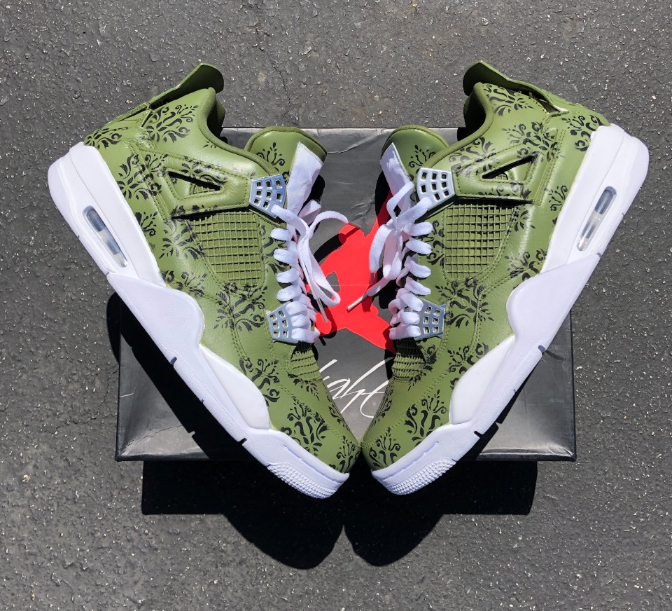 Custom Air Jordan 4 Olive Green With Black Floral Patterns 